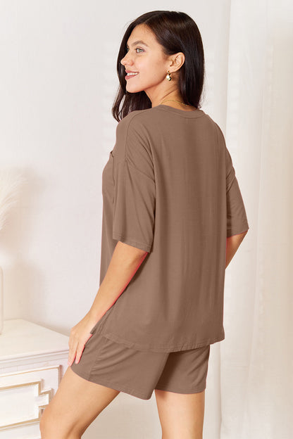 Soft rayon half sleeve top and shorts set by Trendsi, featuring a comfortable, casual loungewear look in neutral tones.