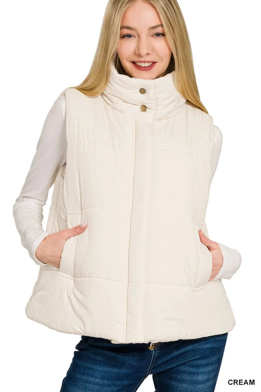 Black Zenana high neck zip-up vest coat with front zipper and fitted style, shown on a mannequin.