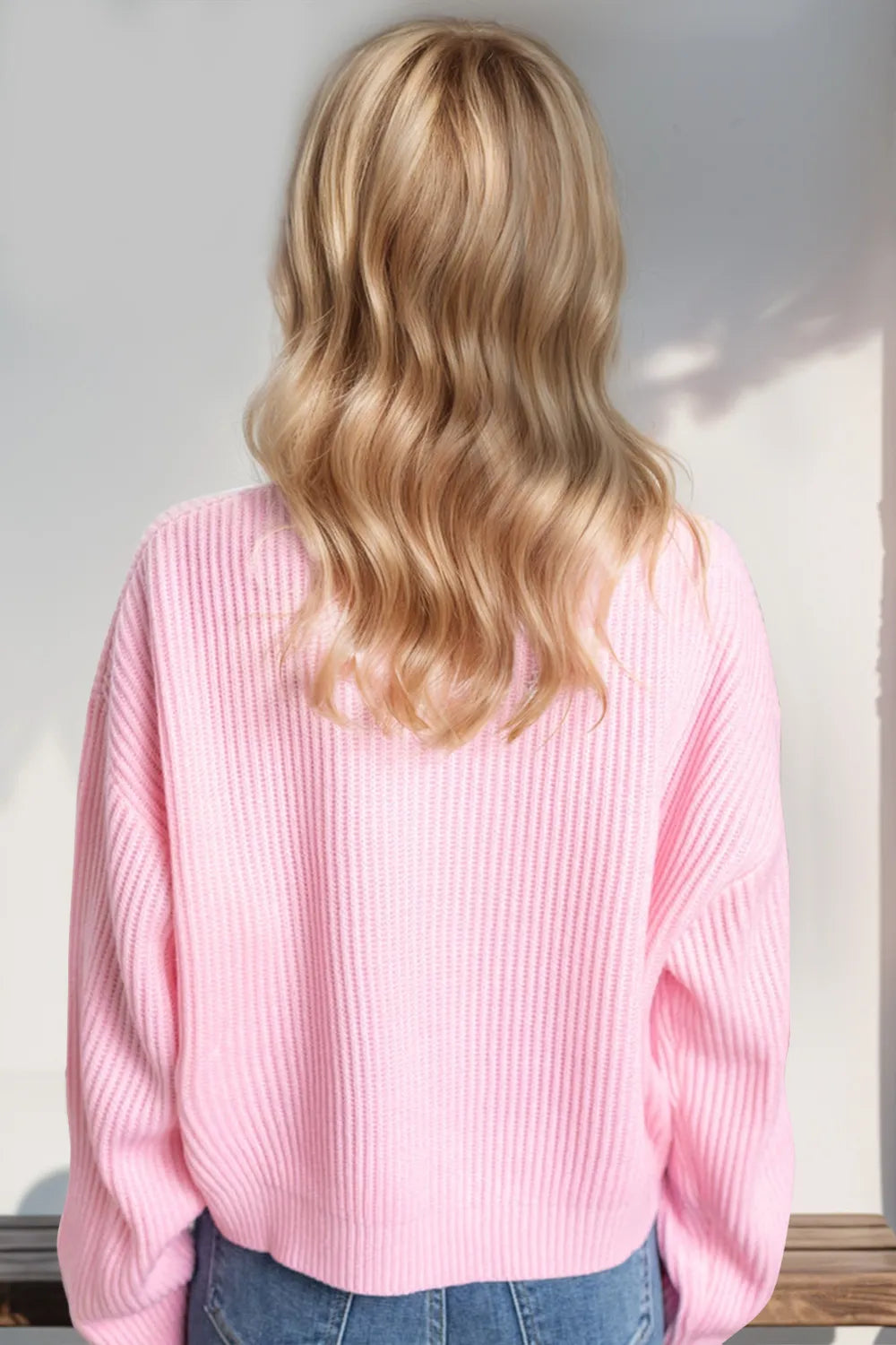 Plus size Merry & Bright Christmas dropped shoulder cropped sweater by Trendsi, featuring festive holiday design and cozy knit fabric.