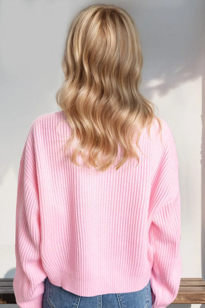 Plus size Merry & Bright Christmas dropped shoulder cropped sweater by Trendsi, featuring festive holiday design and cozy knit fabric.