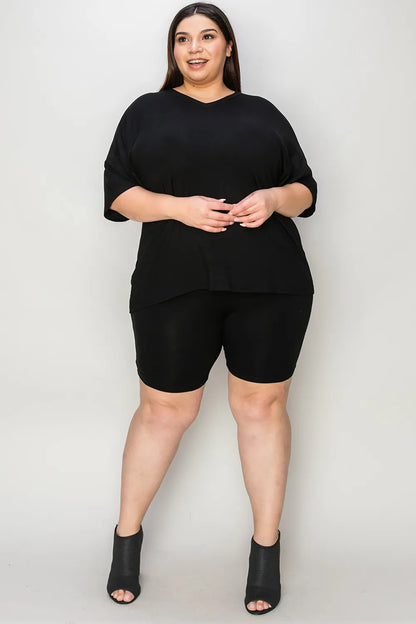 Basic Bae bamboo full-size V-neck drop shoulder T-shirt and shorts set by Trendsi, featuring a comfortable, casual fit in natural bamboo fabric.
