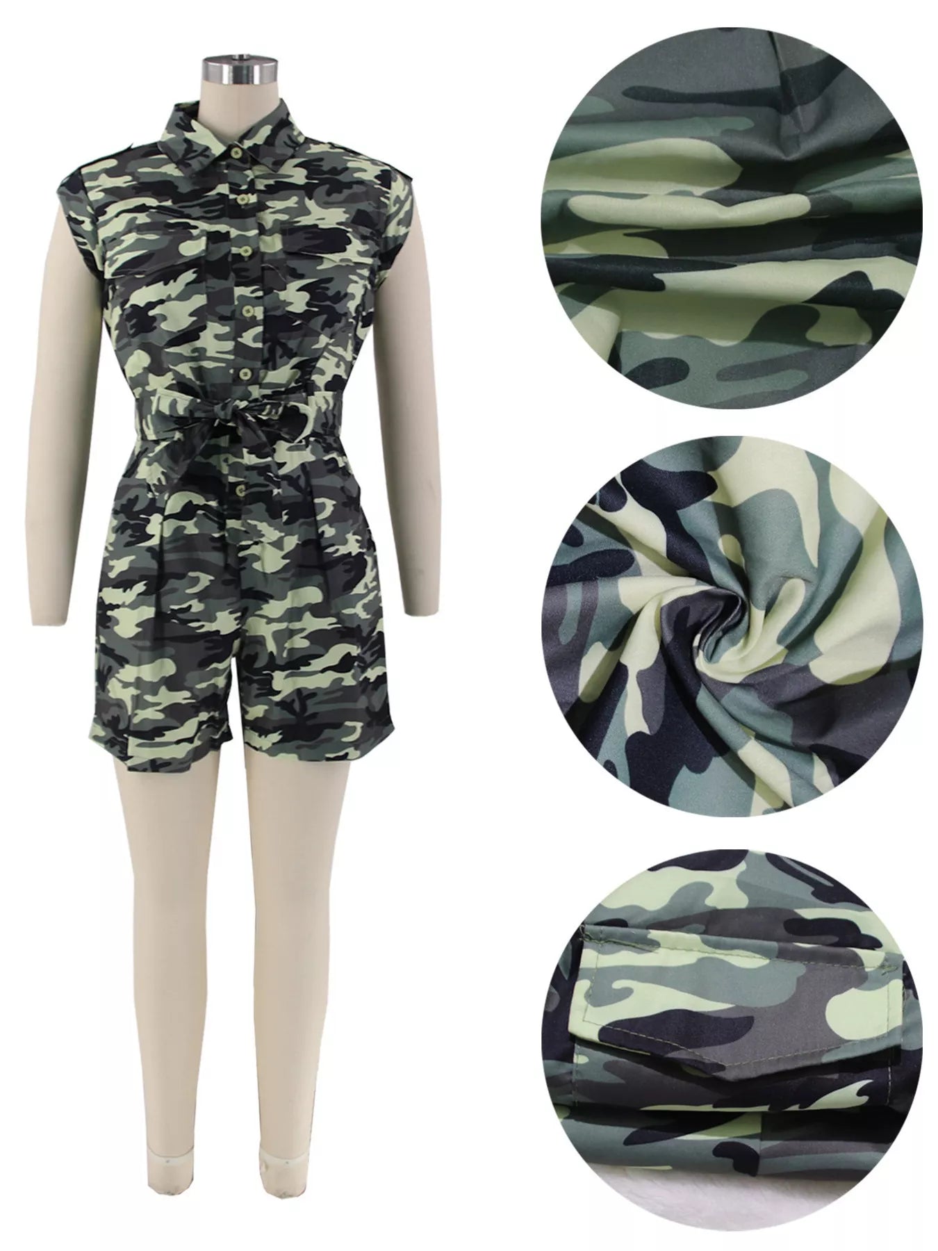 Camouflage button-front tie-waist romper by Trendsi, featuring a stylish camo pattern and a flattering waist tie.