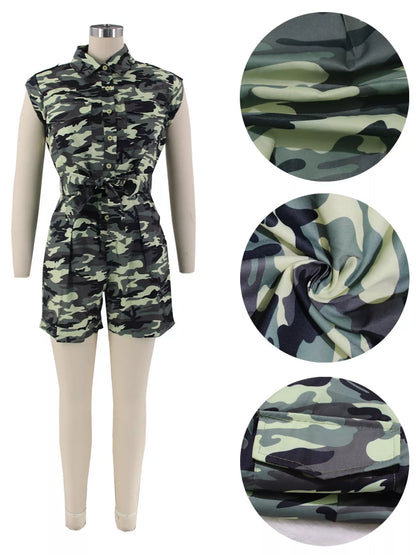 Camouflage button-front tie-waist romper by Trendsi, featuring a stylish camo pattern and a flattering waist tie.