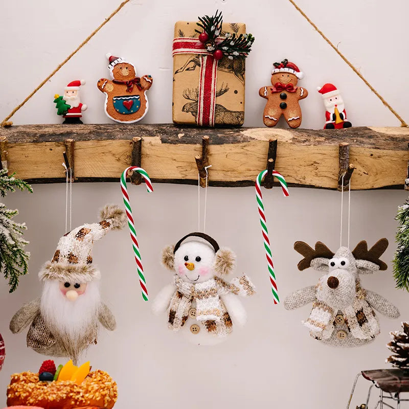 Hanging Santa, Snowman, and Reindeer ornaments by Trendsi, festive holiday decorations with colorful designs and cheerful expressions.