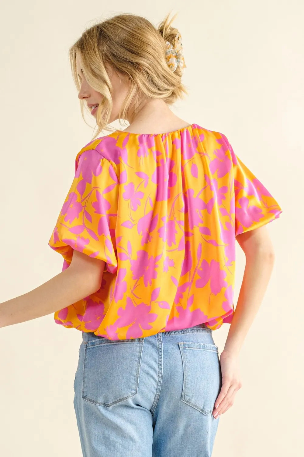 Printed satin bubble hem top by Trendsi, full size, featuring a stylish bubble hem and vibrant print on smooth satin fabric.
