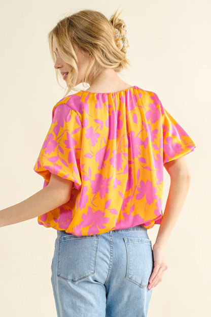Printed satin bubble hem top by Trendsi, full size, featuring a stylish bubble hem and vibrant print on smooth satin fabric.