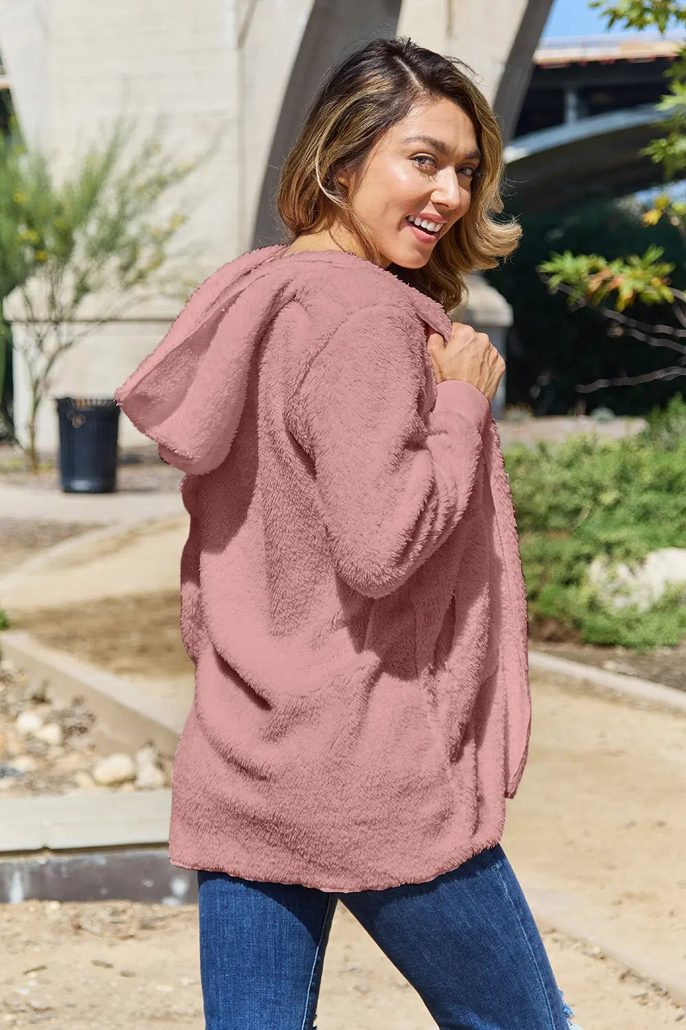 Full size teddy hooded jacket with front pockets, soft plush material, warm and cozy, by Trendsi.