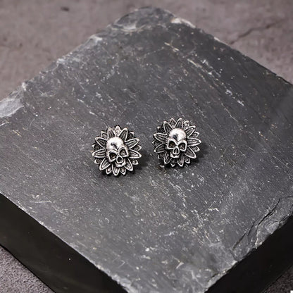 Halloween Skull Sunflower Stud Earrings by Trendsi featuring skull and sunflower design in a stylish metal finish.