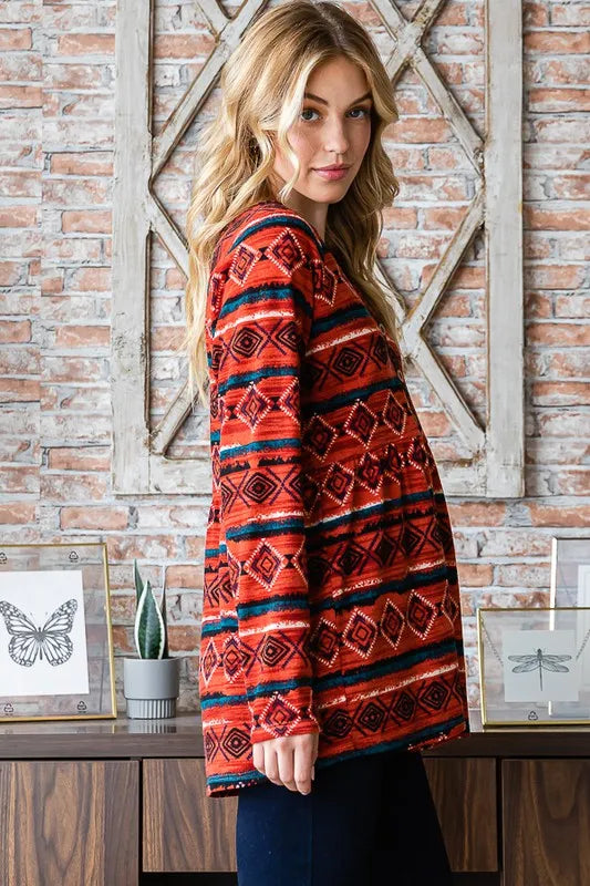 Heimish full-size long sleeve babydoll top with geometric button details, trendy and stylish for casual wear.