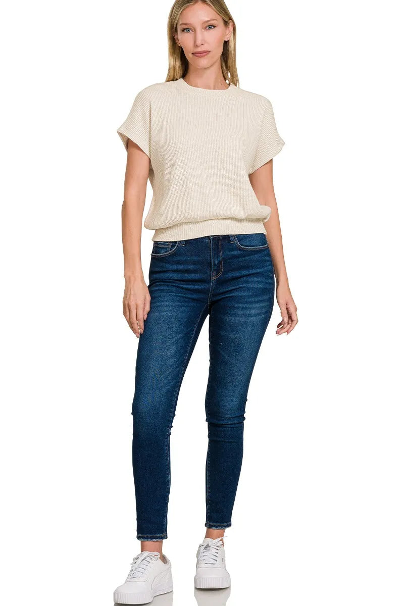 Zenana short sleeve sweater with round neck and banded bottom, featuring a stylish, fitted design in soft fabric.