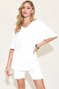 Basic Bae Bamboo V-Neck T-Shirt and Shorts Set by Trendsi, showing soft bamboo fabric, V-neck, drop shoulder design, and relaxed fit.