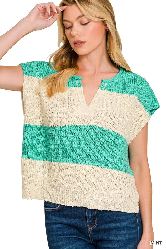 Zenana sleeveless stripe sweater with a split neckline, featuring a stylish design and comfortable fit for casual wear.