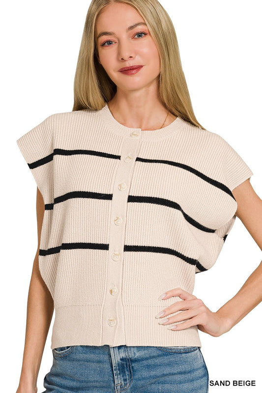 Striped Zenana viscose sweater vest with V-neck, featuring blue and white horizontal stripes, casual and stylish for everyday wear.