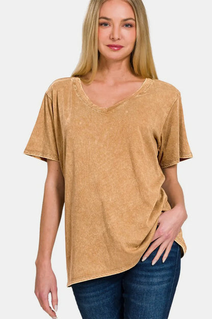 Zenana full size washed short sleeve V-neck T-shirt in soft fabric, displayed on a neutral background.