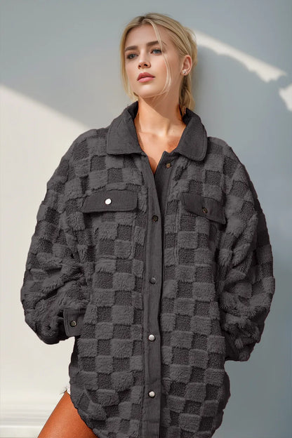 Double Take button-up fuzzy checkered shacket by Trendsi, featuring a cozy, soft fabric with a stylish checkered pattern.
