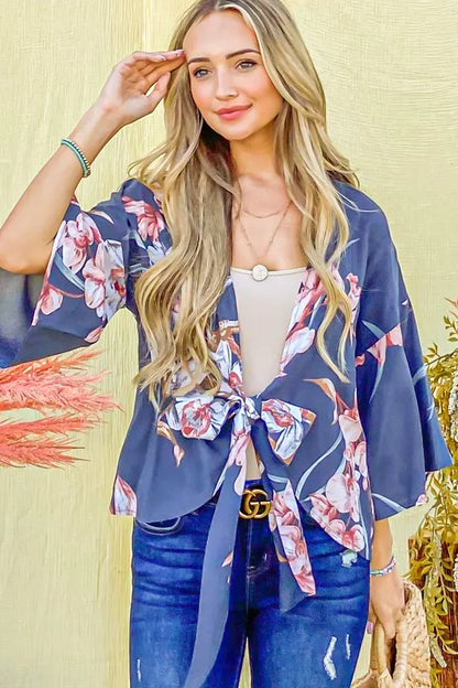 Charcoal floral print front tie knot top from Trendsi, featuring a stylish design and lightweight fabric.