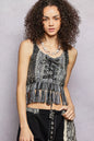 Charcoal POL Lace-Up Fringe Hem Tank with lace detail, featuring a sleeveless design and fringe accents, by Trendsi.