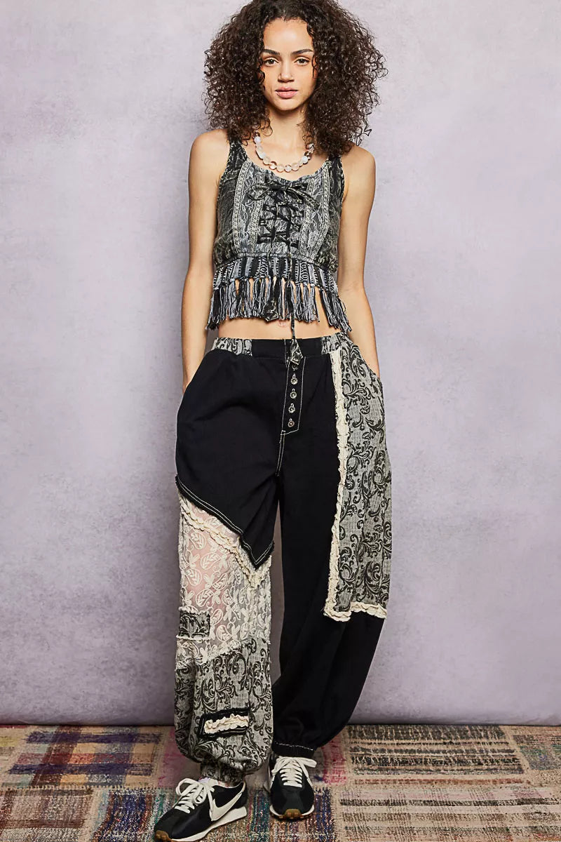 Charcoal POL Lace-Up Fringe Hem Tank from Trendsi with lace details and a stylish, casual fit.