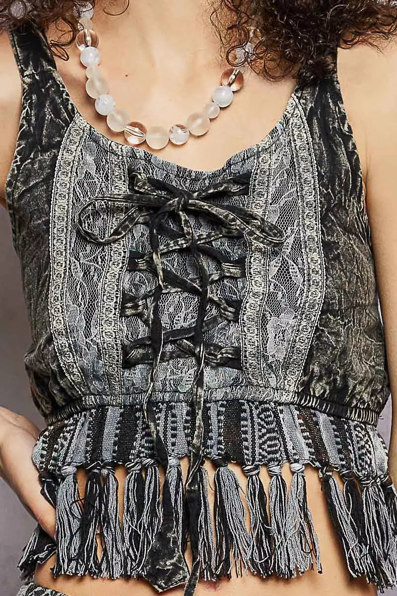 Charcoal POL Lace-Up Fringe Hem Tank top with lace detail and sleeveless design, stylish and lightweight for casual wear.