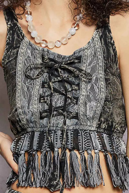 Charcoal POL Lace-Up Fringe Hem Tank top with lace detail and sleeveless design, stylish and lightweight for casual wear.