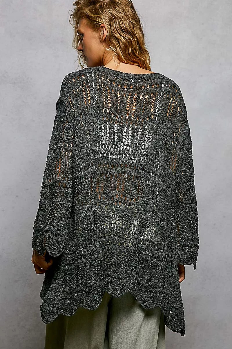 Charcoal POL openwork lightweight open front cardigan with scalloped edges, stylish and breathable Trendsi women's sweater.
