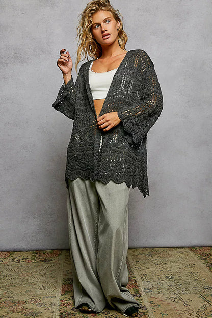 Charcoal POL lightweight open-front cardigan with openwork design and scalloped edges, fashionable and breathable for casual wear