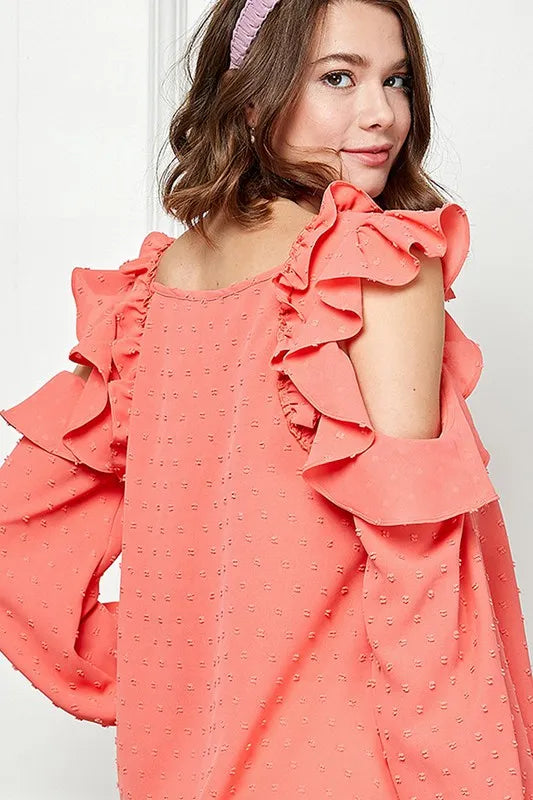 Coral lime 'N' Chili ruffle-trim cold shoulder Swiss dot blouse from Trendsi, featuring ruffles and breathable fabric.
