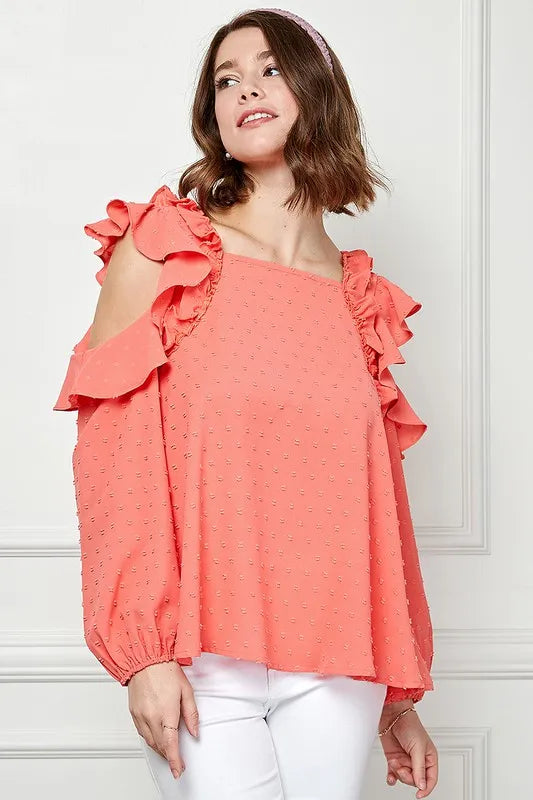 Coral Lime 'N' Chili ruffle trim cold shoulder Swiss dot blouse by Trendsi, featuring lightweight fabric and feminine ruffle details.