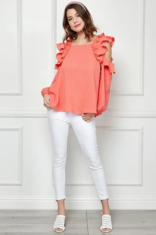 Coral Lime 'N' Chili ruffle trim cold shoulder Swiss dot blouse from Trendsi, featuring a stylish design and lightweight fabric.