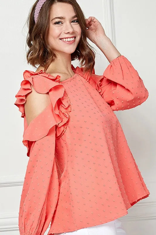 Coral Lime 'N' Chili ruffle trim cold shoulder Swiss dot blouse by Trendsi, featuring a stylish cold shoulder design and ruffle details.
