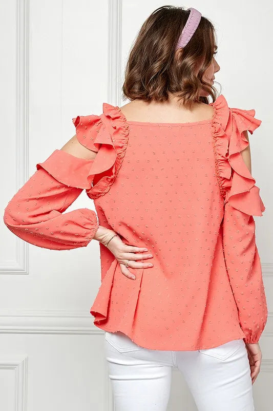 Coral lime 'N' Chili ruffle trim cold shoulder Swiss dot blouse by Trendsi showing ruffled neckline and cold shoulder design.