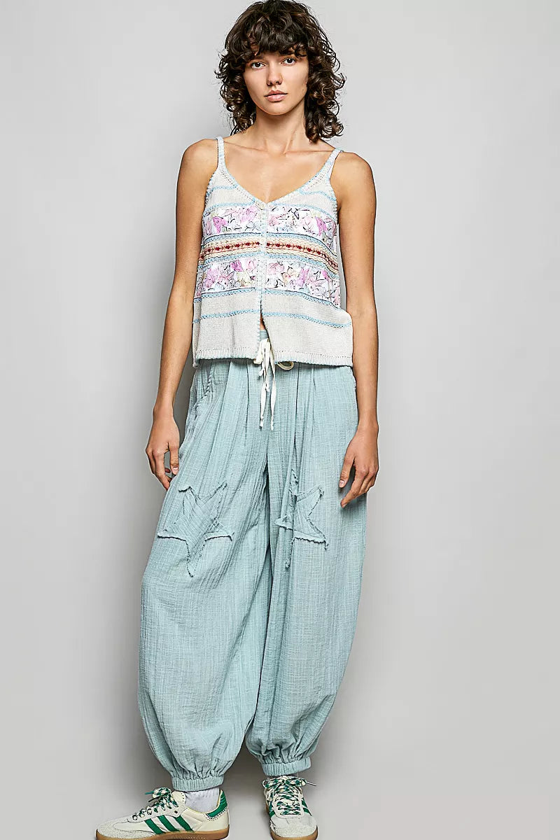 Cream and blue POL printed contrast button-down cami by Trendsi with trim details and blanket stitch, featuring a stylish sleeveless design.