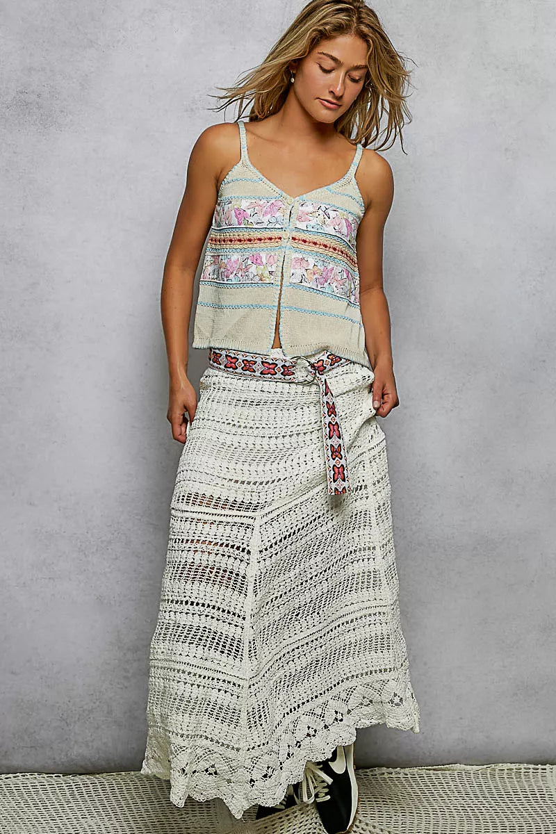 Cream and blue POL printed contrast button-down cami with trim detail and blanket stitch from Trendsi.