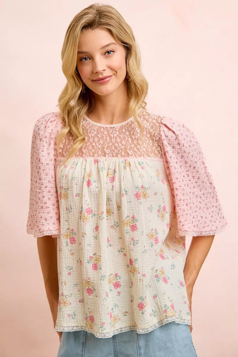 Cream and pink BiBi crinkle floral gauze mix top with matching blouse from Trendsi, featuring a lightweight, flowy fabric and floral pattern.
