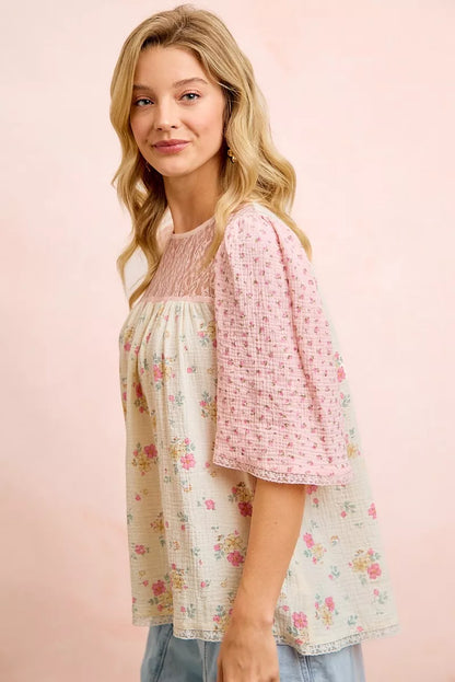 Cream pink BiBi Crinkle Floral Gauze Mix blouse top by Trendsi with ruffled details and floral pattern.