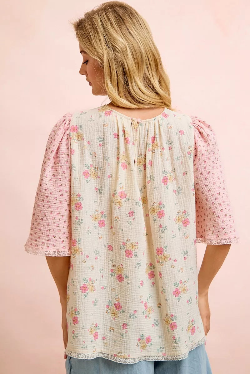 Cream-pink BiBi crinkle floral gauze blouse top by Trendsi, featuring a lightweight, feminine design with matching top and floral pattern.