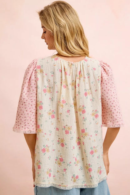 Cream-pink BiBi crinkle floral gauze blouse top by Trendsi, featuring a lightweight, feminine design with matching top and floral pattern.