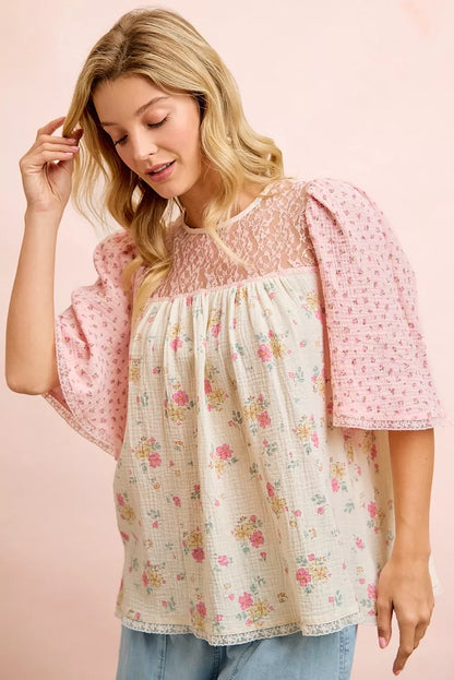 Cream pink BiBi Crinkle Floral Gauze Mix blouse top by Trendsi, featuring a delicate floral pattern and lightweight, textured fabric.