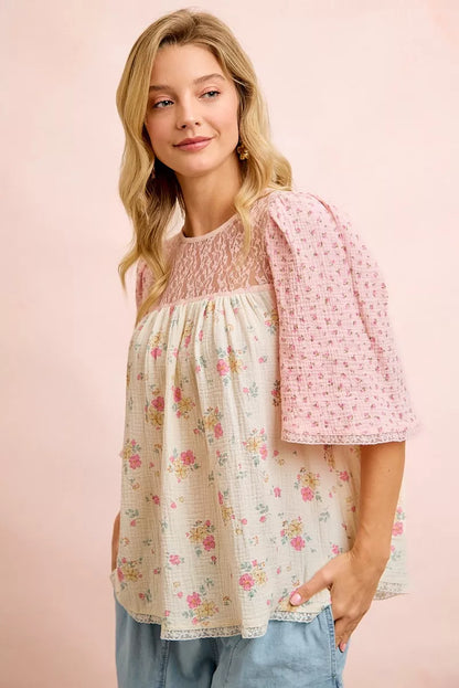 Cream-pink BiBi crinkle floral gauze blouse top with matching fabric, featuring a flowy, lightweight design by Trendsi.