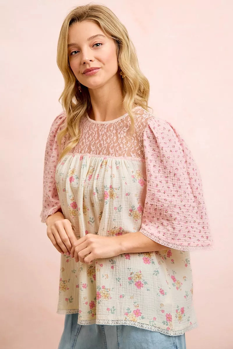 Cream pink BiBi Crinkle Floral Gauze Mix blouse top by Trendsi, featuring a floral pattern and lightweight, textured fabric.