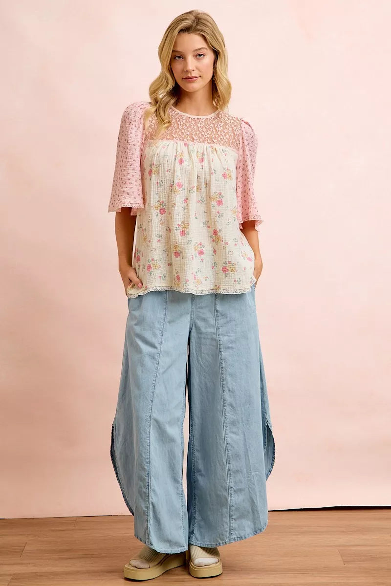 Cream and pink BiBi crinkle floral gauze blouse top by Trendsi featuring a relaxed fit and matching design.