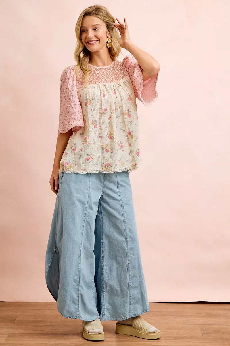 Cream-pink BiBi crinkle floral gauze top with matching blouse, stylish and lightweight for a casual or dressy look.