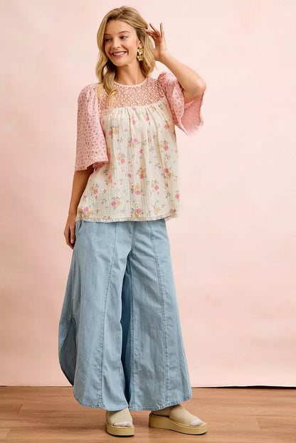 Cream-pink BiBi crinkle floral gauze top with matching blouse, stylish and lightweight for a casual or dressy look.