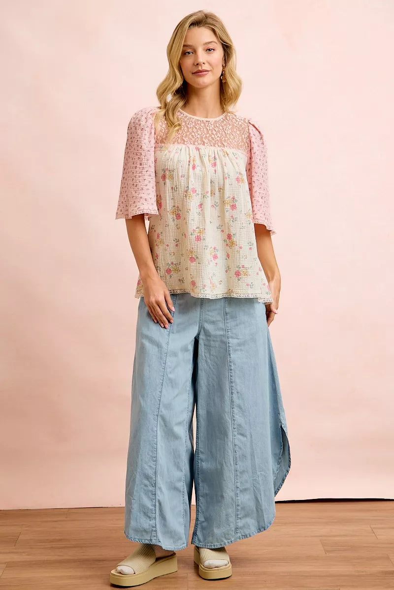Cream-pink BiBi crinkle floral gauze blouse top with matching accents, stylish and lightweight for casual wear from Trendsi.