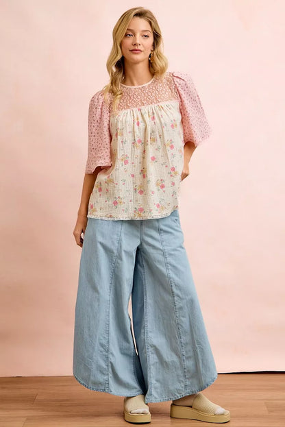 Cream pink BiBi Crinkle Floral Gauze Mix blouse top by Trendsi, featuring a lightweight, floral-printed design with matching style details.