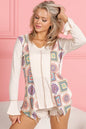 Cream BiBi Granny Square print contrast Annie rib V-neck top by Trendsi, featuring a stylish V-neck and vibrant square pattern.