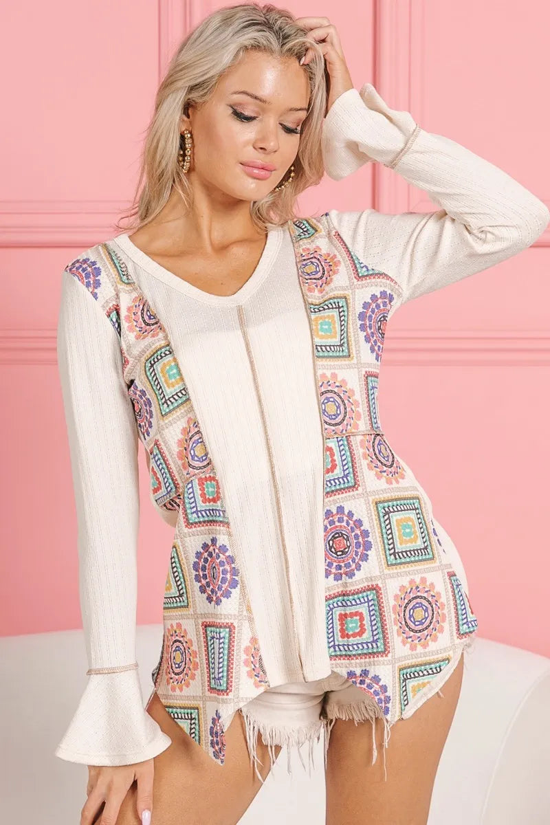 Cream granny square print contrast Annie rib V-neck top by Trendsi, featuring a stylish design and comfortable fit.