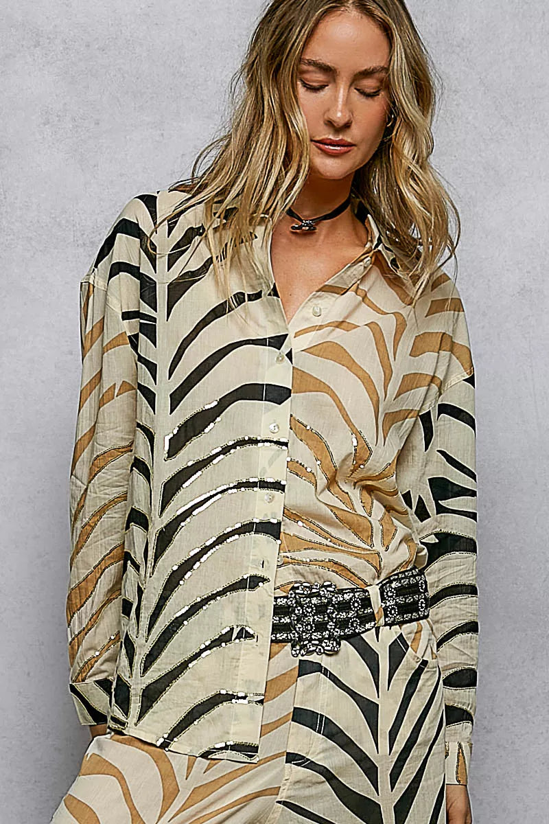 Cream zebra-print long sleeve woven shirt with two-tone design and spangle details from POL by Trendsi.