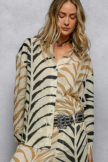 Cream zebra-print long sleeve woven shirt with two-tone design and spangle details from POL by Trendsi.