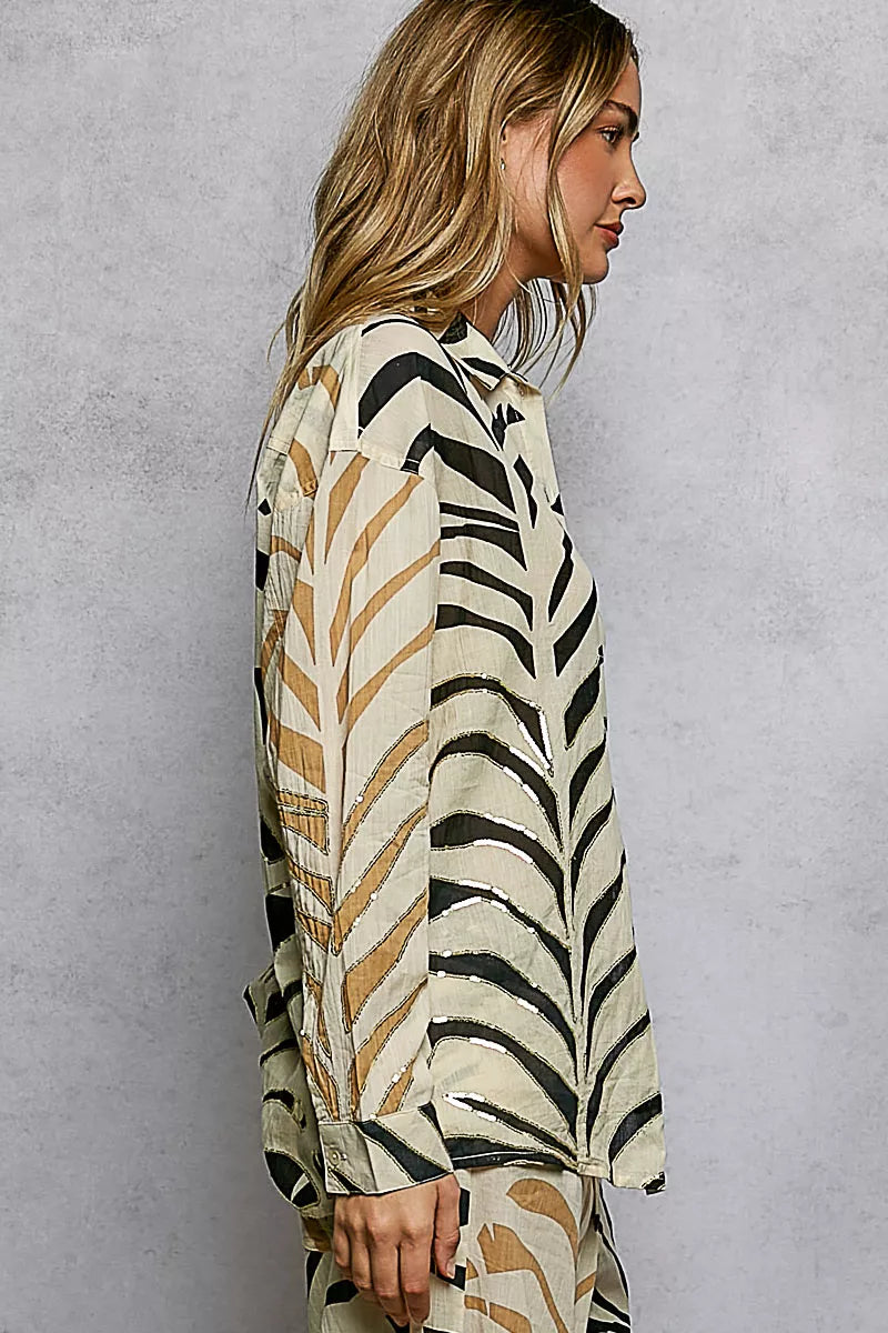 Cream and zebra print POL long sleeve woven shirt with spangles, two-tone design, by Trendsi, featuring a stylish, patterned look.